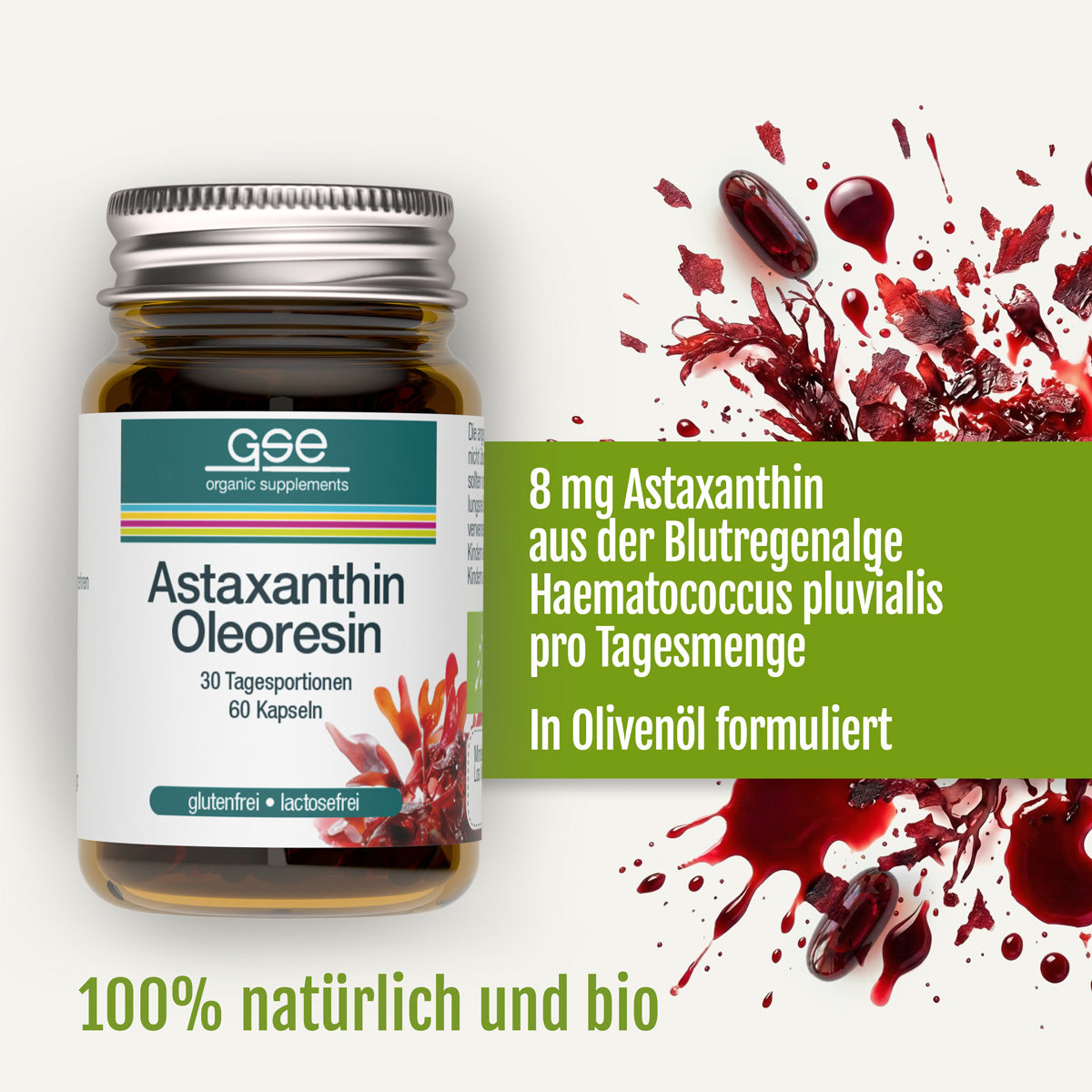 Eine Flasche Astaxanthin-Oleoresin-Kapseln (Bio) neben einem Text, in dem die biologischen Inhaltsstoffe und die Zusammensetzung des Produkts beschrieben werden.