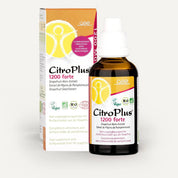 Eine Flasche CitroPlus® 1200 forte (Bio) von gse.organic.supplements mit einer Pipette steht vor ihrer gelb-weiß-violetten Schachtel und zeigt ihre Polyphenol- und Bioflavonoid-Zertifizierungen.