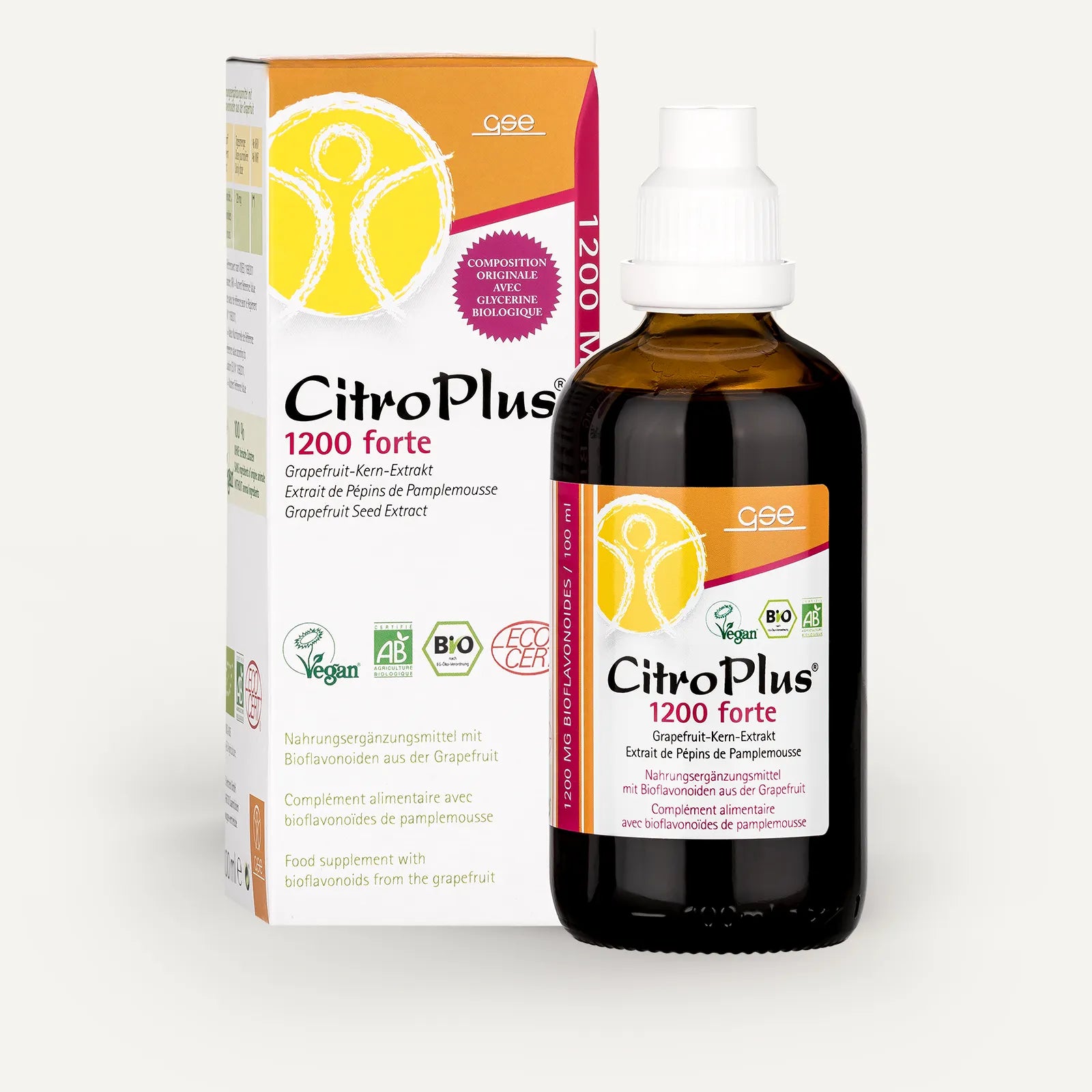 Eine Flasche und Schachtel CitroPlus® 1200 forte (Bio) von gse.organic.supplements, ein veganer, biologischer und glutenfreier Grapefruitkernextrakt mit Bioflavonoiden, abgebildet in einer gelb-weißen Verpackung mit Zertifizierungslogos.