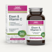 Eine braune Glasflasche und eine Schachtel mit der Aufschrift „Eisen & Vitamin C Complex (Bio)“ von gse.organic.supplements mit grünem Bio-Logo. Dieses pflanzliche Nahrungsergänzungsmittel enthält 150 vegane, gluten- und laktosefreie Tabletten zur Unterstützung von Blut und Energie.