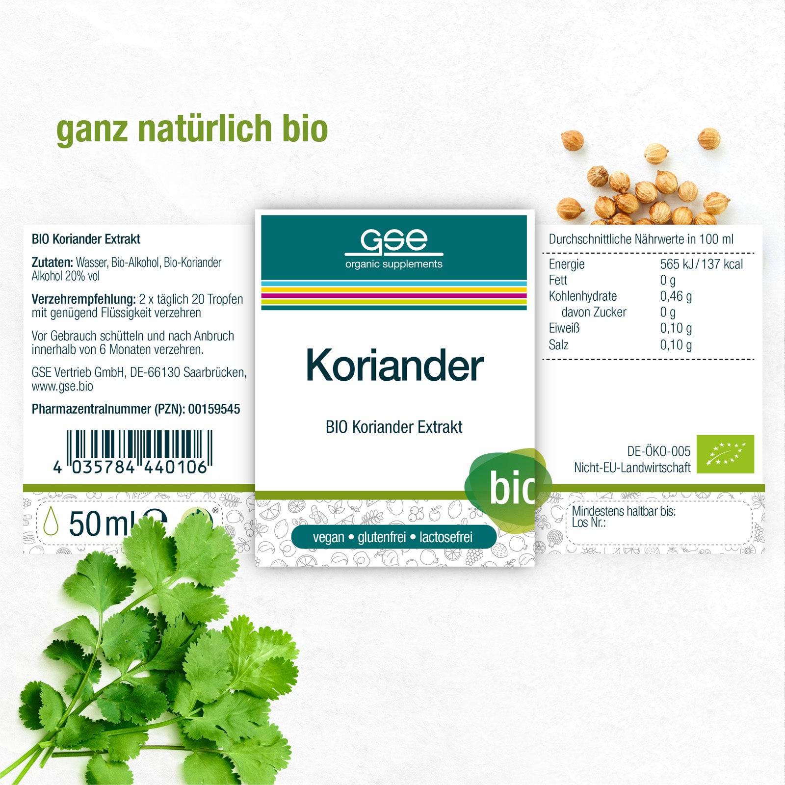 Etikett für Koriander-Extrakt (Bio) von gse.organic.supplements mit Nährwertangaben, aus Koriandersamen und frischen Blättern. Mit Chlorella. Ideal für Entschlackungskuren; vegan, glutenfrei, laktosefrei. Text auf Deutsch.