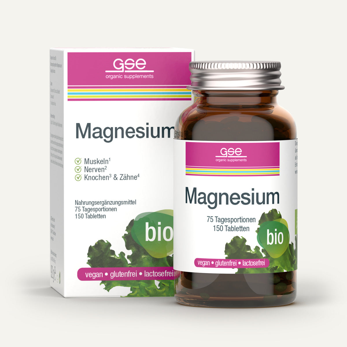 Eine Flasche und eine Packung „gse.organic.supplements Magnesium (Bio)“, Bio-Magnesiumpräparate mit der Kennzeichnung „Bio“, mit 150 veganen, glutenfreien und laktosefreien Tabletten aus natürlichem Magnesium aus Grünalgen, dargestellt vor einem neutralen Hintergrund.