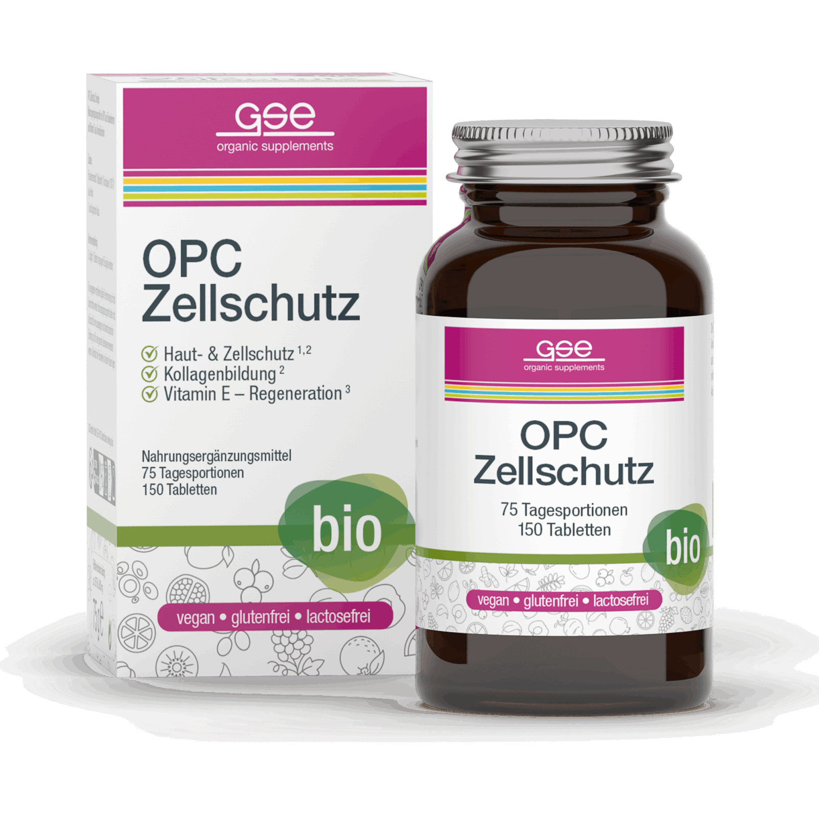 Eine braune Glasflasche und eine Schachtel mit der Aufschrift „OPC Zellschutz Complex (Bio)“ von gse.organic.supplements, ein Nahrungsergänzungsmittel mit OPC Traubenkernen und Flavonoiden-Polyphenolen. Auf der Verpackung steht, dass es bio, vegan, glutenfrei und laktosefrei ist, mit rosa und grünen Akzenten.