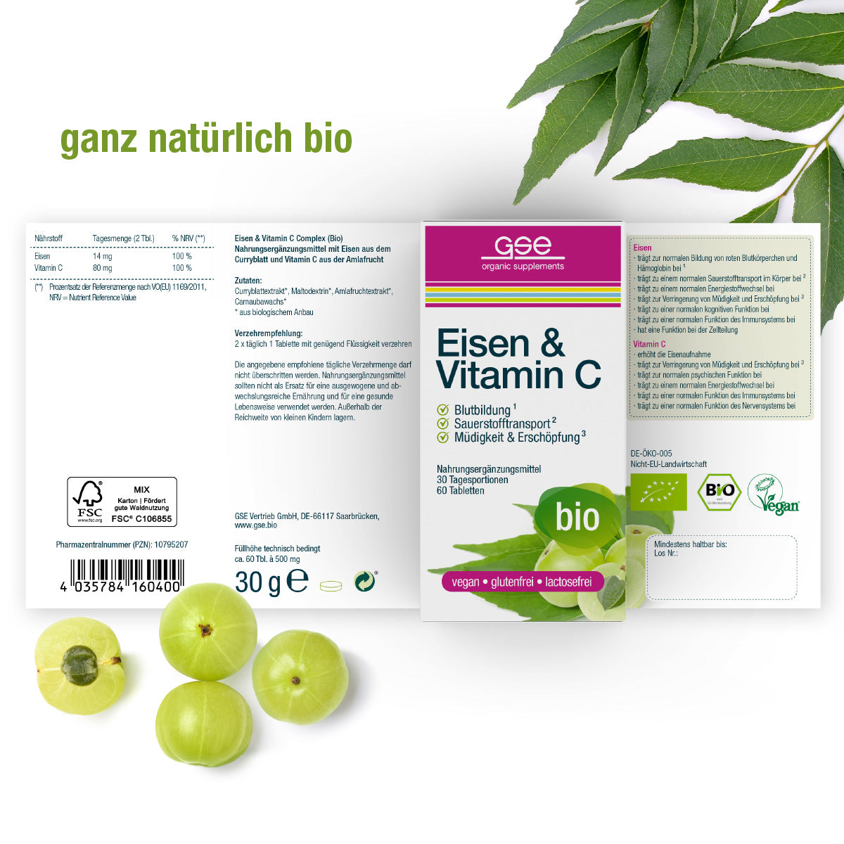 Schachtel gse.organic.supplements Eisen & Vitamin C Complex (Bio), gekennzeichnet als biologisch und vegan, umgeben von grünen Blättern und Amla-Beeren; im Hintergrund ein deutscher Text mit den Inhaltsstoffen und Produktdetails dieses pflanzlichen Nahrungsergänzungsmittels.