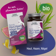 Der gse.organic.supplements Beauty Haut, Haare, Nägel Boost (Bio) kommt in einer Dose und Glasflasche, hervorgehoben durch Pflanzenmotive, Guave & Kurkuma. Merkmale sind pflanzliche Mikronährstoffe, vegane Bioqualität und Zertifizierung.