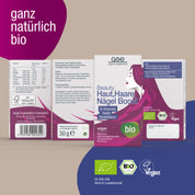 Abgebildet sind drei Seiten einer Schachtel von gse.organic.supplements Beauty Haut, Haare, Nägel Boost (Bio). Die Verpackung zeigt ein stilisiertes Frauenprofil mit wallendem Haar und hebt pflanzliche Mikronährstoffe, Bioqualität und Zertifizierungen hervor.