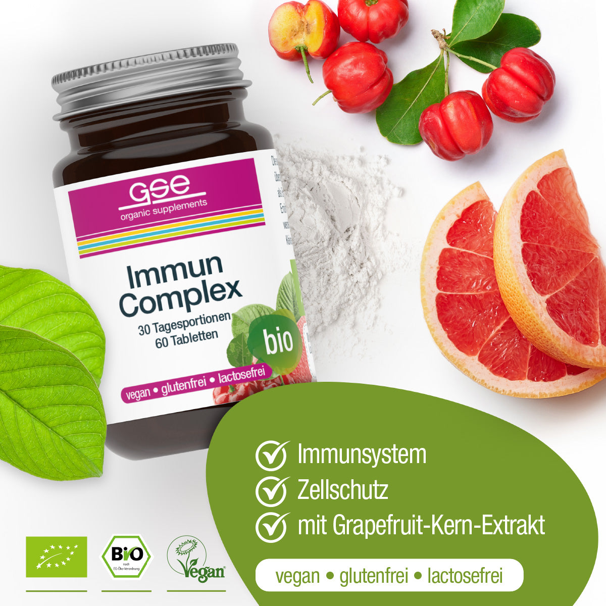 Eine Flasche Immun Complex (Bio) von gse.organic.supplements ist mit Grapefruit, grünen Blättern und Pulver abgebildet. Die vegane, gluten- und laktosefreie Formel mit Grapefruitkernextrakt unterstützt das Immunsystem.