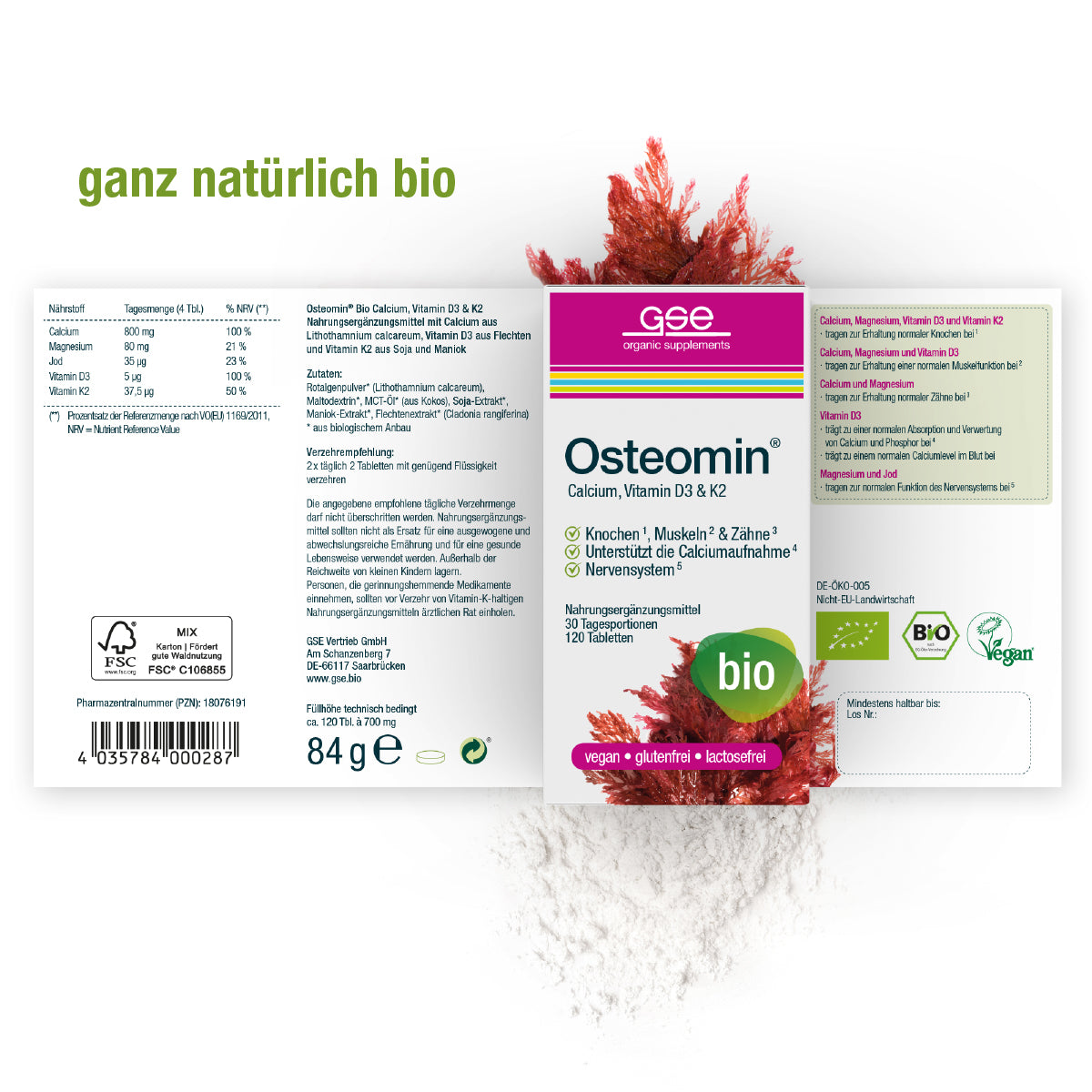 rosa Akzenten, Algengrafik und Kennzeichnungen: vegan, glutenfrei, laktosefrei, bio.