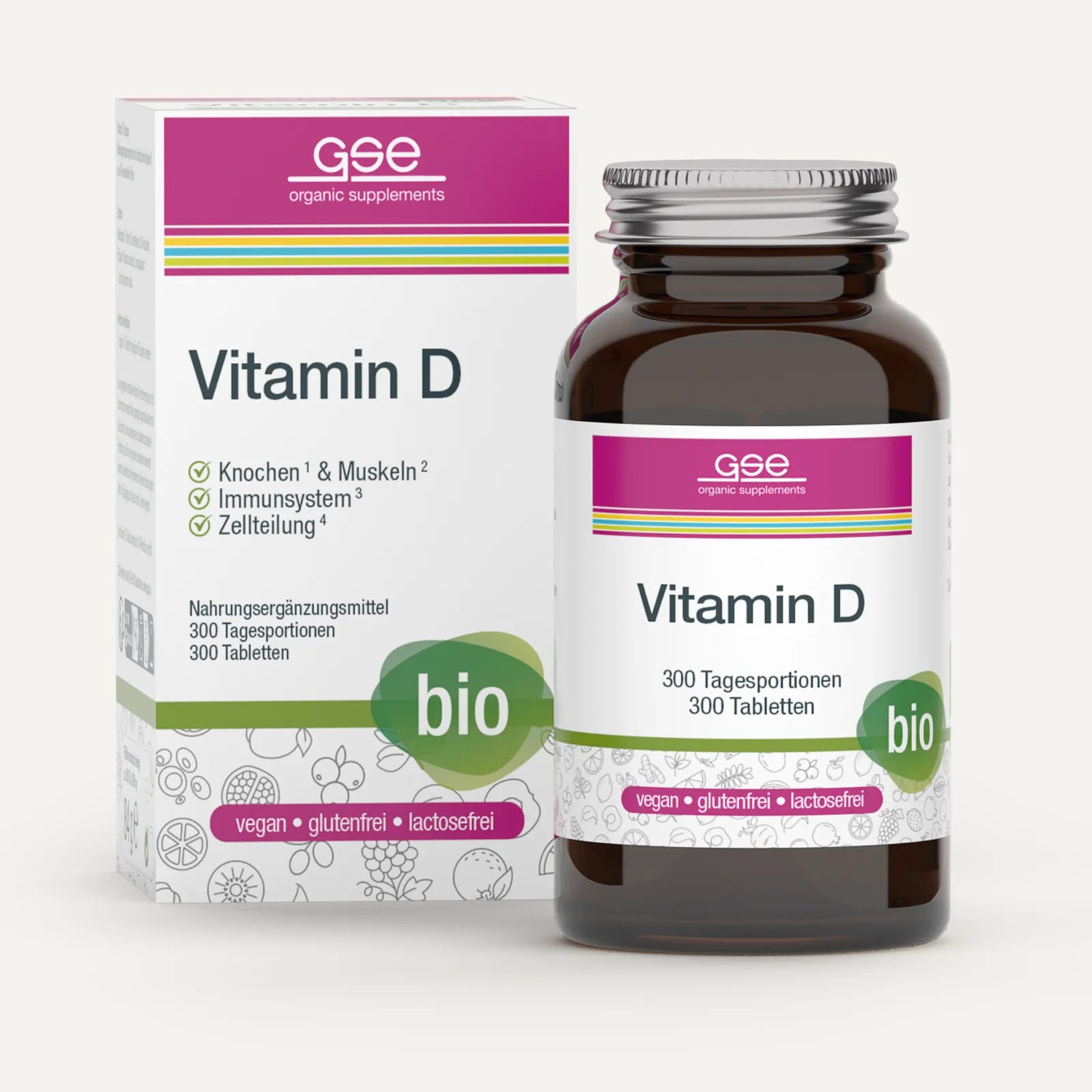 Eine Schachtel und eine Flasche Vitamin D Compact (Bio) von gse.organic.supplements. Die überwiegend weiße Verpackung mit rosa und grünen Akzenten trägt die Kennzeichnungen für Bio-Qualität, vegan, glutenfrei und laktosefrei.