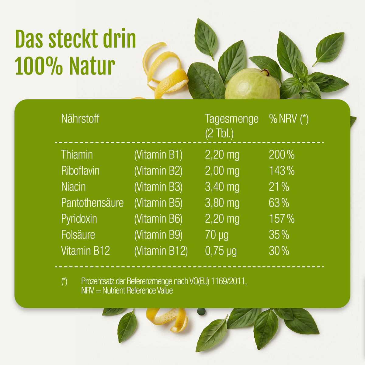 Deutsche Nährwerttabelle mit grünen und gelben Früchten und Blättern als Hintergrund. Die Tabelle enthält die Tageswerte für B-Vitamine wie Thiamin, Riboflavin, Niacin und andere sowie den prozentualen Anteil an den Referenzwerten für die jeweiligen Nährstoffe. Hervorgehoben wird das Produkt „B-Vitamine aus pflanzlichem Nahrungsergänzungsmittel – Vitamin-B-Komplex (Bio)“ von gse.organic.supplements. Der Text ist auf Deutsch.