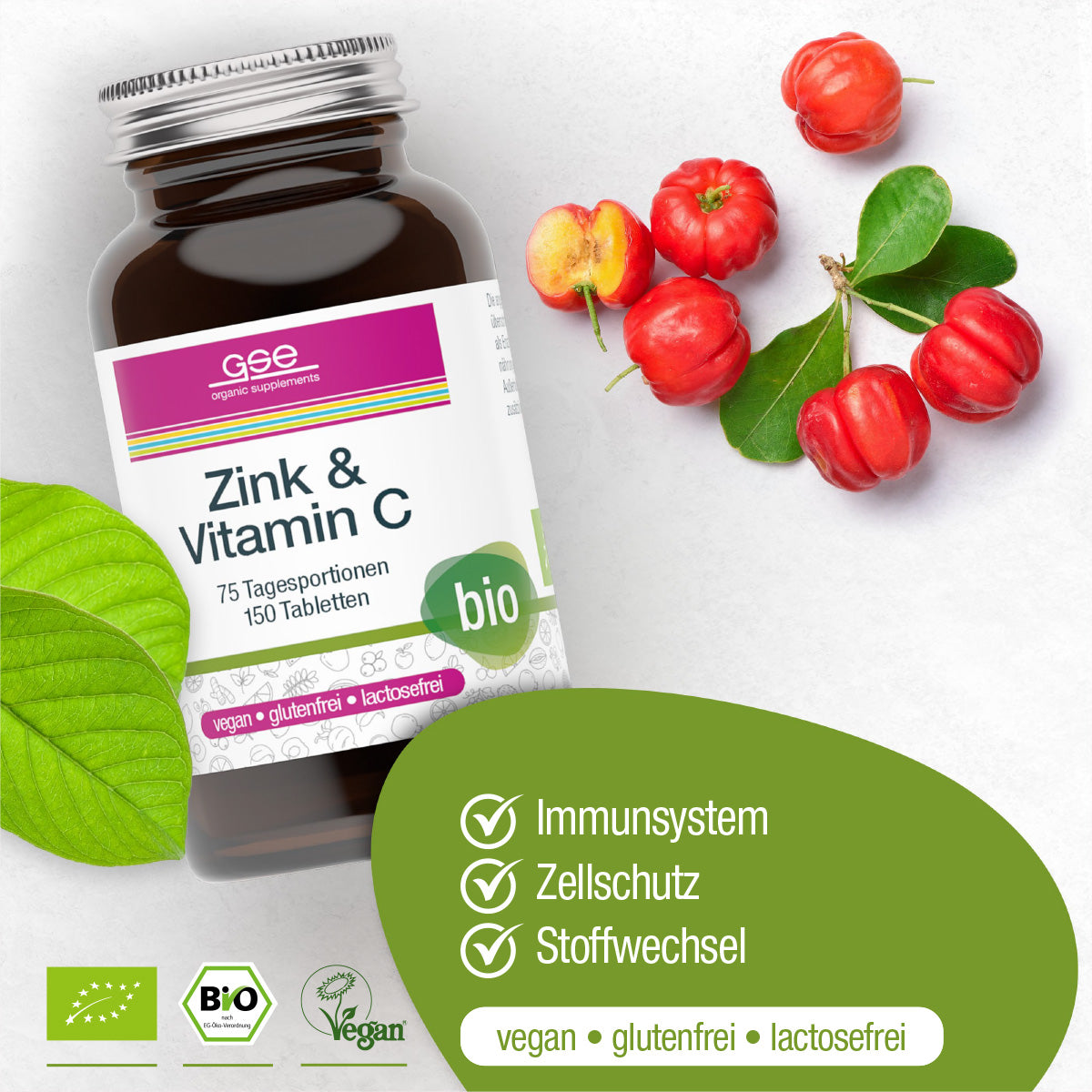 Eine Flasche gse.organic.supplements Zink & Vitamin C (Bio) ist neben Acerola-Kirschen und grünen Blättern abgebildet. Die vegane, glutenfreie und laktosefreie Packung unterstützt das Immunsystem, den Zellschutz und den Stoffwechsel.