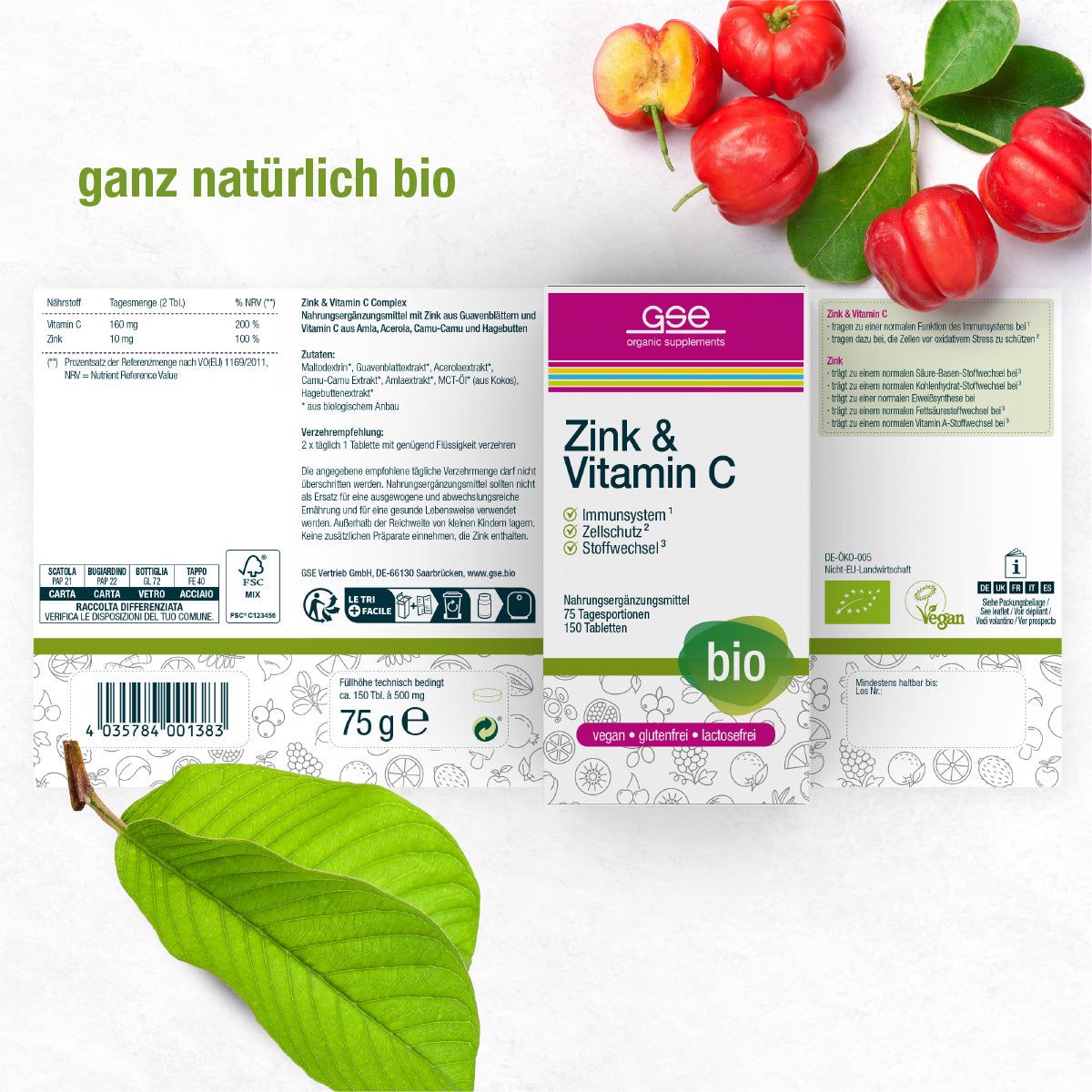 Die Verpackung von gse.organic.supplements Zink & Vitamin C (Bio) ist auf einem weißen Hintergrund mit Guavenblättern und roten Früchten abgebildet. Der Text hebt die Unterstützung des Immunsystems hervor und dass es biologisch, vegan, glutenfrei und laktosefrei ist.
