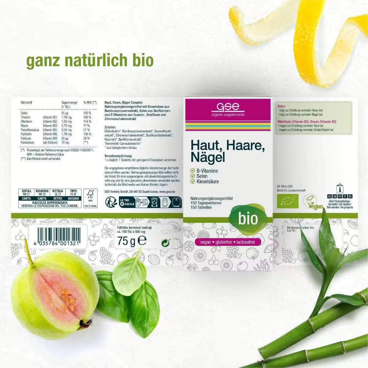 Produktetikett für gse.organic.supplements Haut, Haare, Nägel Complex (Bio) mit Bambus-Silica, B-Vitaminen aus Guaven- & Basilikumextrakt, Zutaten, Nährwertangaben, grünen Blättern, Bambus, Zitronenschale & Pfirsich. „Ganz natürlich bio“ auf weißem Hintergrund.