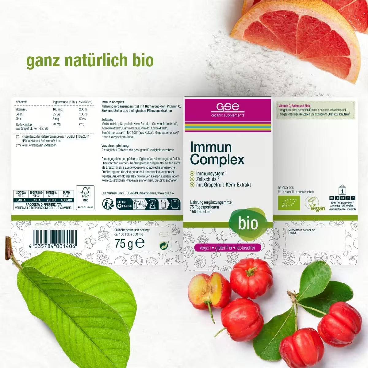 Das Produktetikett für Immun Complex (Bio) von gse.organic.supplements zeigt Grapefruit- und Fruchtbilder, Vegan- und Bio-Zertifizierungen, pflanzliche Nährstoffe und Vitamin C in deutscher Schrift auf weißem Grund mit grünen Blättern und Fruchtdekorationen.