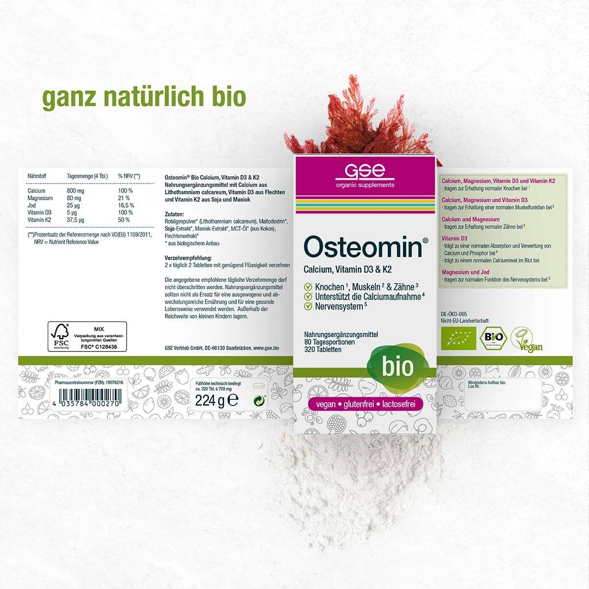 Eine Packung Osteomin® (Bio) von gse.organic.supplements ist auf weißem Hintergrund abgebildet und trägt die Etiketten für Kalzium, Magnesium, Vitamin D3 & K2, Bio, vegan, glutenfrei und laktosefrei. Oben ist Rotalgen zu sehen.