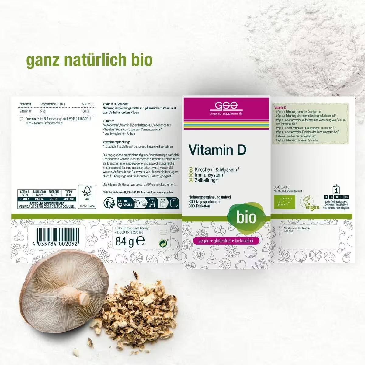 Eine Packung gse.organic.supplements Vitamin D Compact (Bio) mit deutschem Text, abgebildet mit Nahrungsergänzungsmittelpulver und Pilzen. Die Etiketten betonen die Bio-Qualität – vegan, glutenfrei und laktosefrei.