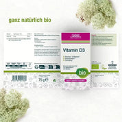 Auf der Verpackung von gse.organic.supplements Vitamin D3 Compact (Bio) stehen die Aufschriften „biozertifiziert“, „organic supplements“ und „Sonnenvitamin“, mit veganen, glutenfreien und lactosefreien Icons, grünem Pflanzendekor und „ganz natürlich bio“ am oberen Rand.