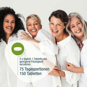 Vier Frauen mit hellem bis mittlerem Hautton lächeln und umarmen sich, alle in weißen Hemden. Der deutsche Text hebt MenoFree (Bio) von gse.organic.supplements hervor: 75 Tagesportionen, 150 Tabletten und Unterstützung des Hormon- und Energiestoffwechsels in den Wechseljahren.