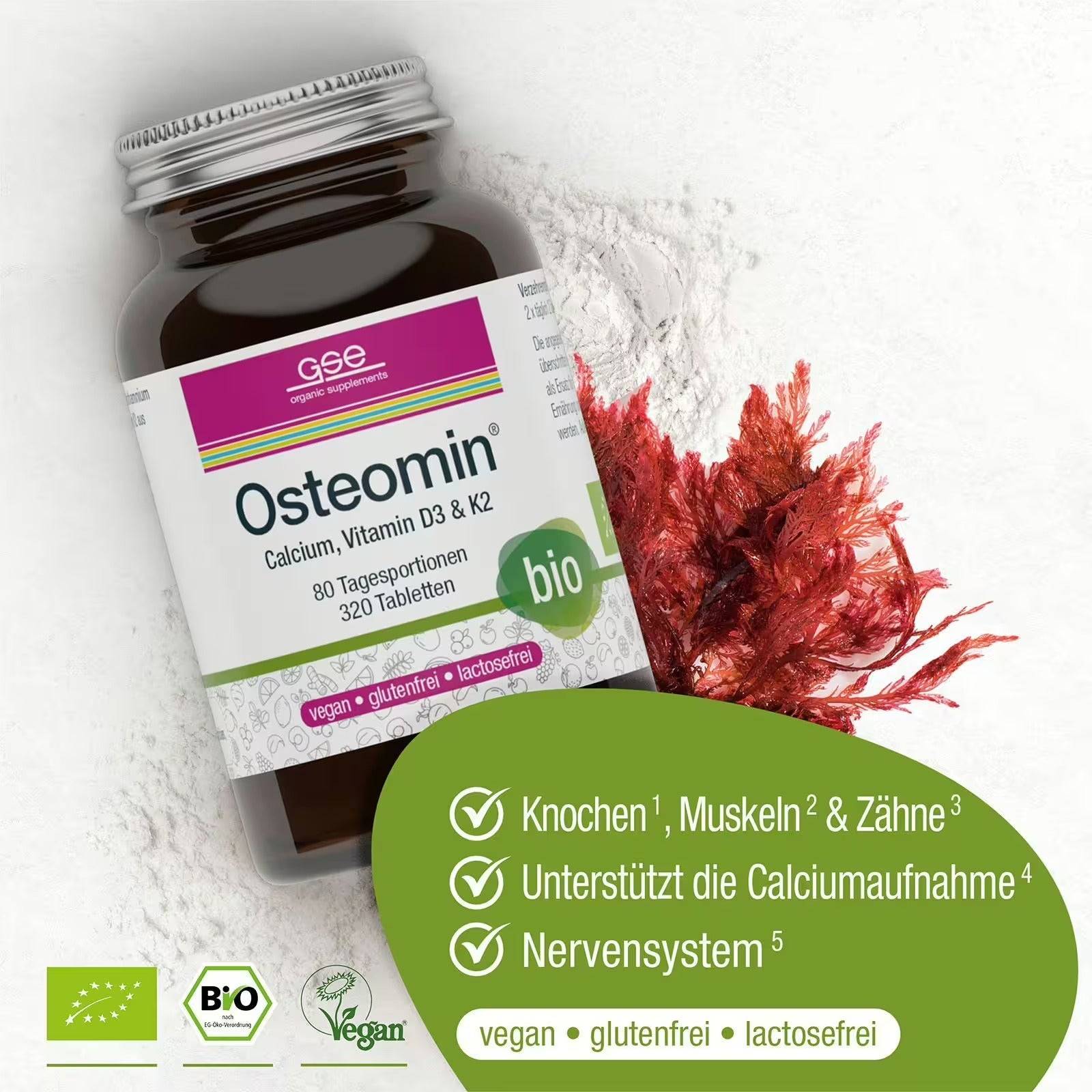 Eine Flasche Osteomin® (Bio) von gse.organic.supplements mit Kalzium und Magnesium steht auf weißem Pulver neben Rotalgen. Das vegane, gluten- und laktosefreie Nahrungsergänzungsmittel ist reich an Vitamin D3 und unterstützt Knochen, Muskeln, Zähne und Nerven.