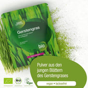 Eine grüne Packung gse.organic.supplements Gerstengras Pulver (Bio) liegt auf frischem, nachhaltig angebautem Gerstengras. Das biologische, vegane und laktosefreie Pulver ist mit Zertifizierungslogos auf der Verpackung gekennzeichnet.