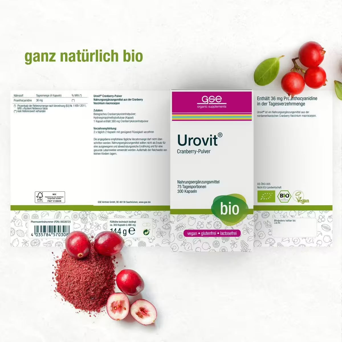 Urovit®-Cranberry Kapseln (Bio) von gse.organic.supplements ist ein veganes, gluten- und laktosefreies Nahrungsergänzungsmittel mit Bio-Cranberrypulver. Die deutsche Verpackung enthält Angaben zum Proanthocyanidin-Gehalt und Zertifizierungen und garantiert so höchste Qualität.