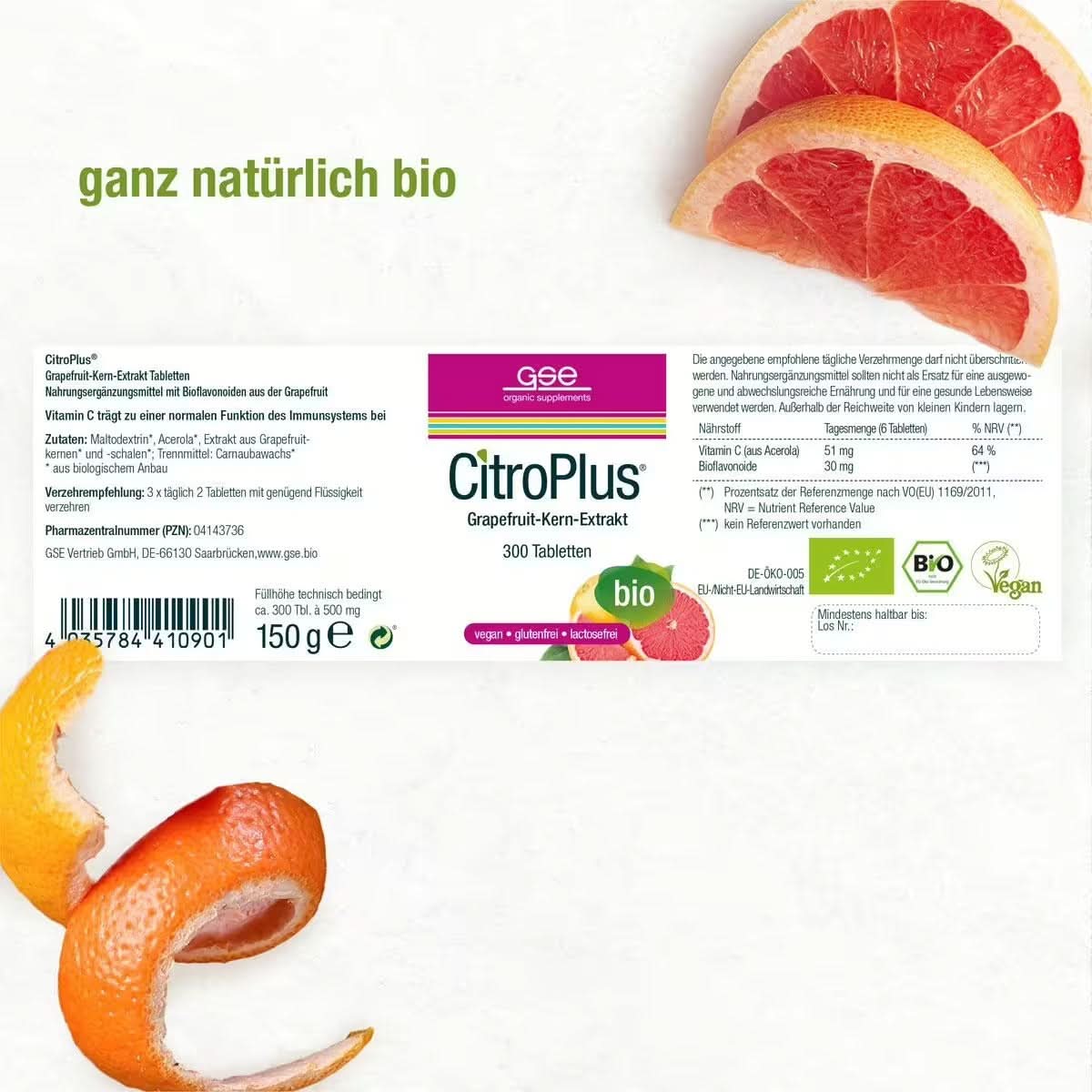 Ein Produktetikett für CitroPlus® Tabletten (Bio) von gse.organic.supplements zeigt Grapefruitbilder und „ganz natürlich bio“ und hebt die vegane, organische Formel hervor, die das Immunsystem mit Bioflavonoiden unterstützt.