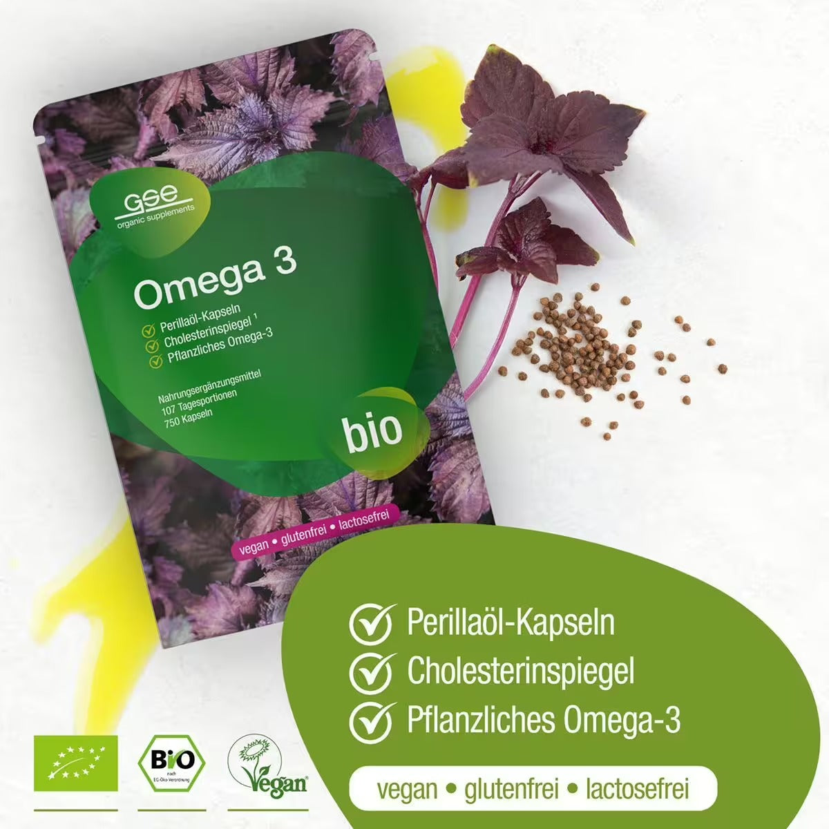 Eine Packung Omega-3-Perillaöl-Kapseln (Bio) von gse.organic.supplements zeigt Perillasamen, violette Perillablätter und verschüttetes gelbes Öl. Der deutsche Text hebt vegan, gluten- und laktosefrei hervor. Reich an ALA; Bio-Zertifizierungen werden angezeigt.