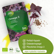 Eine Packung Omega-3-Perillaöl-Kapseln (Bio) von gse.organic.supplements zeigt Perillasamen, violette Perillablätter und verschüttetes gelbes Öl. Der deutsche Text hebt vegan, gluten- und laktosefrei hervor. Reich an ALA; Bio-Zertifizierungen werden angezeigt.