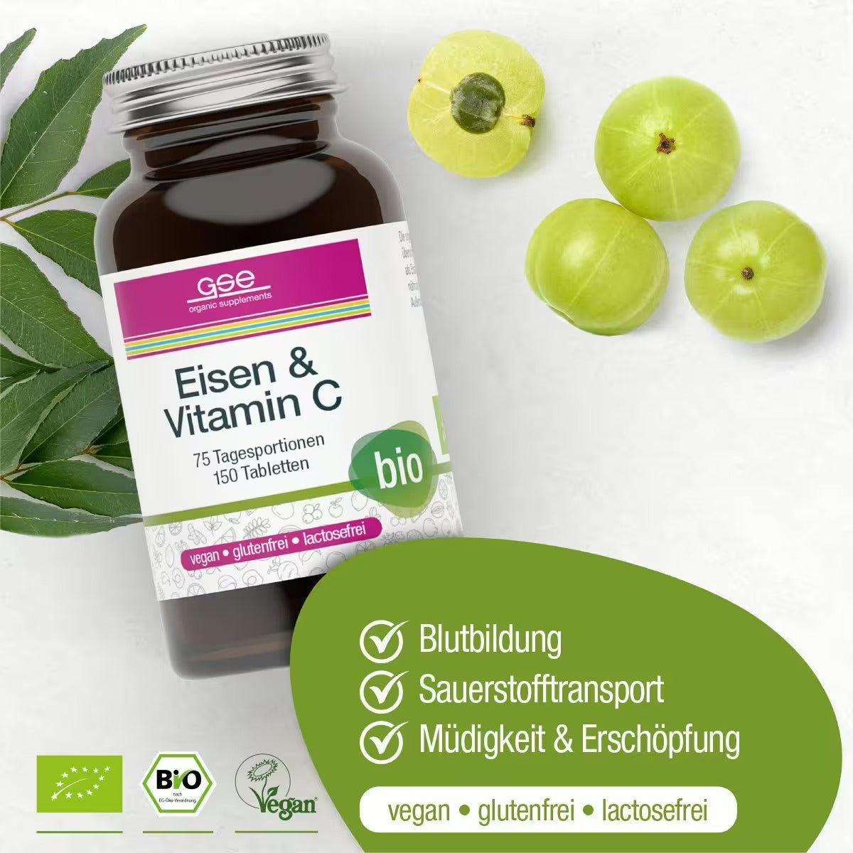 Neben drei indischen Stachelbeeren steht eine Flasche gse.organic.supplements Eisen & Vitamin C Complex (Bio). Das vegane, gluten- und laktosefreie Nahrungsergänzungsmittel unterstützt die Blutbildung und hilft, Müdigkeit zu reduzieren.