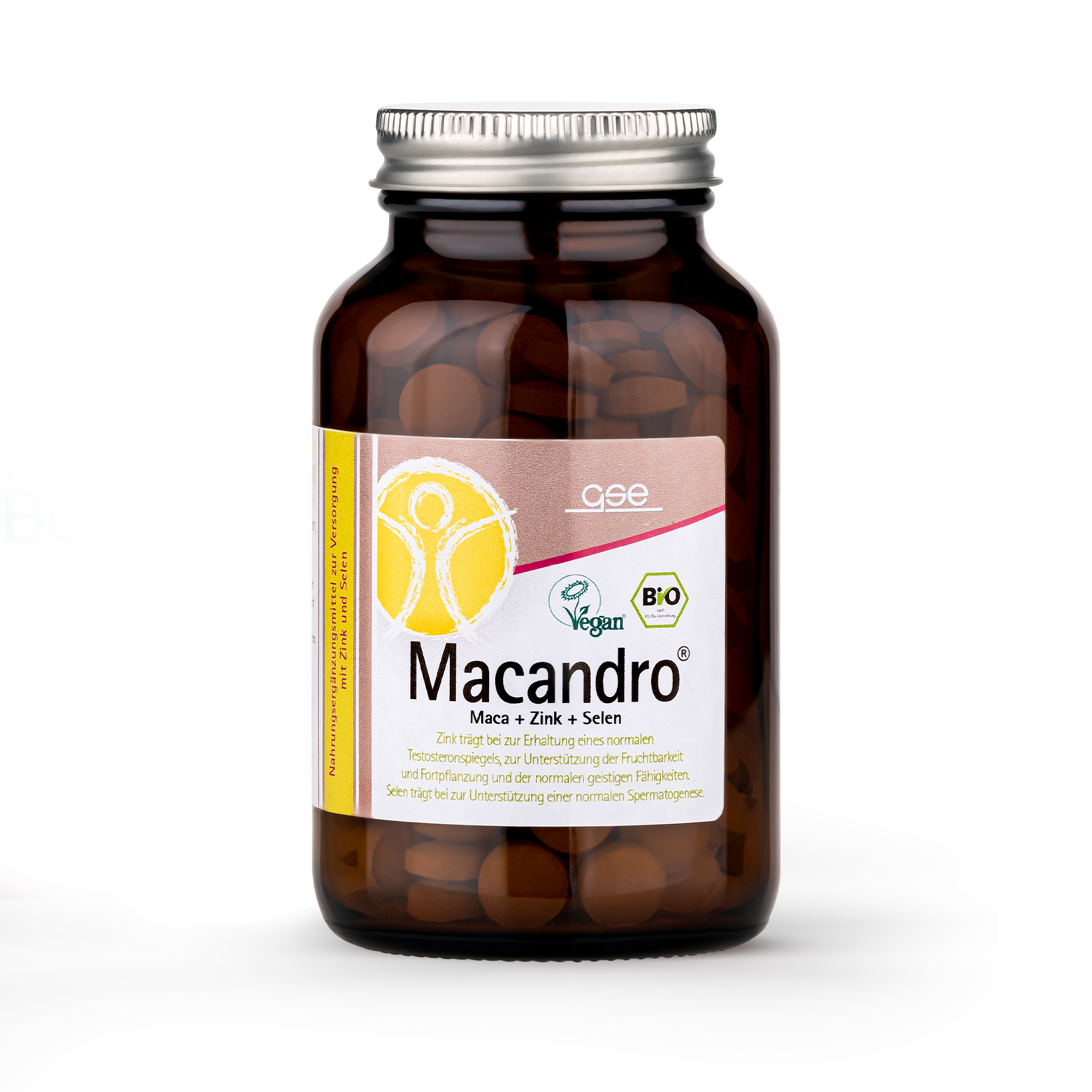 Eine Flasche Macandro® (Bio) von gse.organic.supplements wird vor einer Beauty Kollagen Boost-Box präsentiert. Beide bioveganen Produkte fördern die Gesundheit von Haut, Haaren und Nägeln und betonen ihre natürlichen und veganen Eigenschaften.