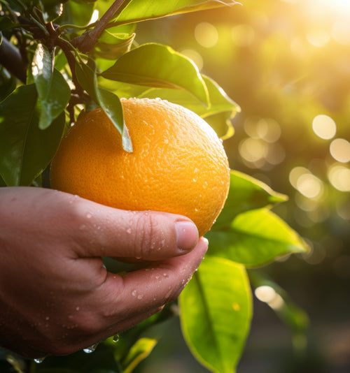 Eine Hand greift sanft nach einer reifen, taubedeckten Orange an einem Baum, umgeben von grünen Blättern und im Hintergrund beleuchtet vom warmen Sonnenlicht.